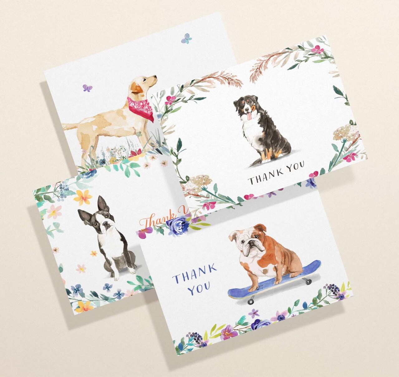 Dog Thank You Cards | Cute Watercolor Dog Note Cards with Envelopes | Golden Retriever, English Bulldog, Boston Terrier | Blank Inside